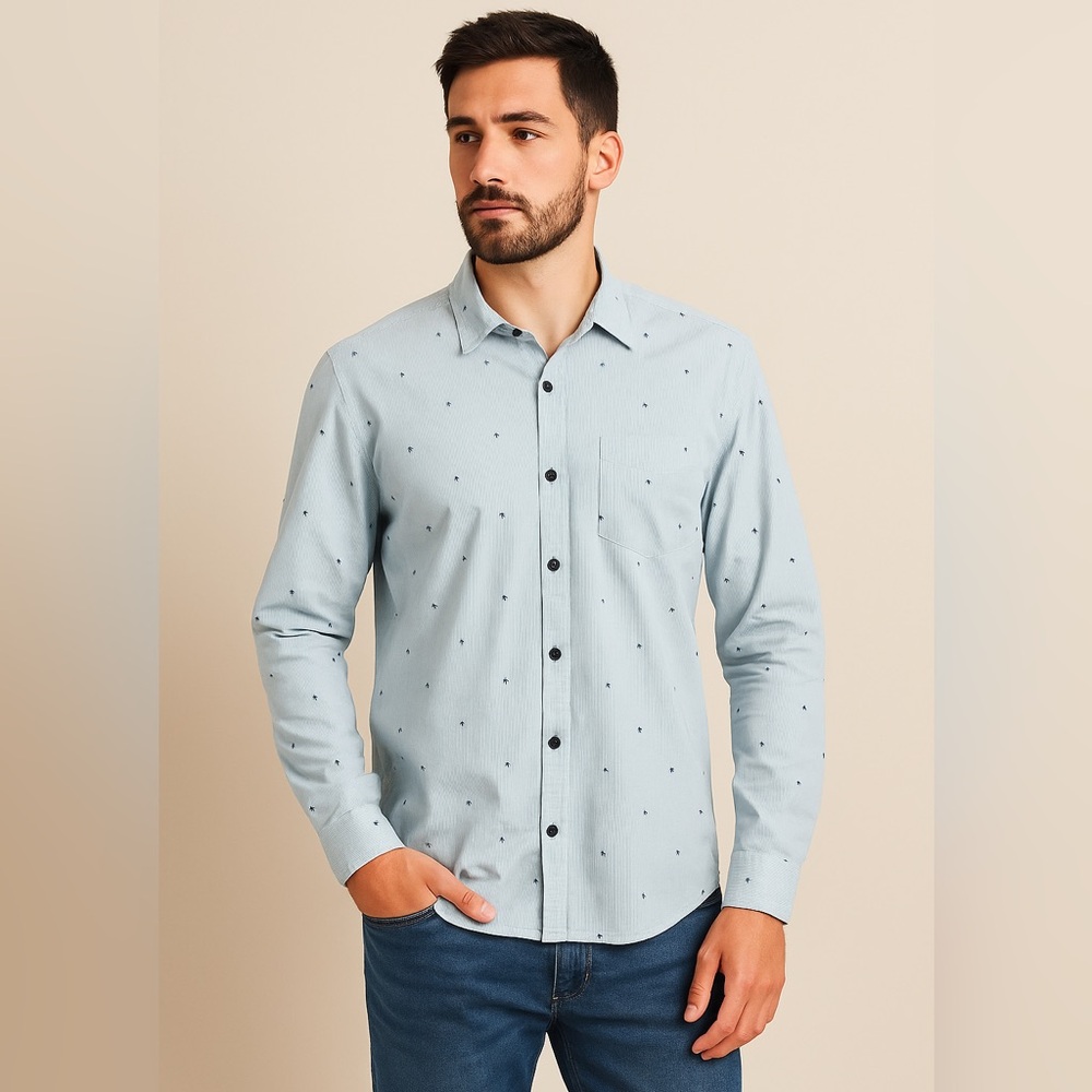 Cuidado con el Perro Men’s Light Blue Striped Palm Tree Button-Up Shirt Size L